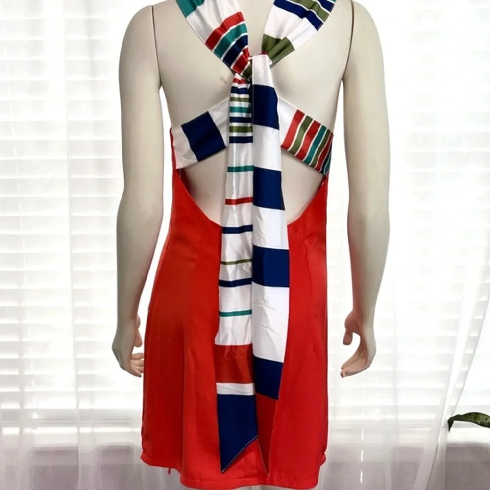 LULU’S Joyful Red Orange Multi Stripe Tie-Back Mini Dress Size Small, Like New - Picture 5 of 15